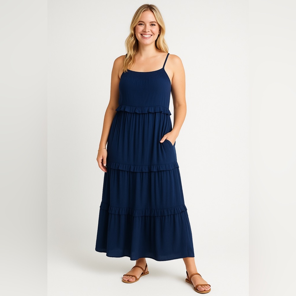 R Vivimos navy blue‎ maxi tiered dress, size M